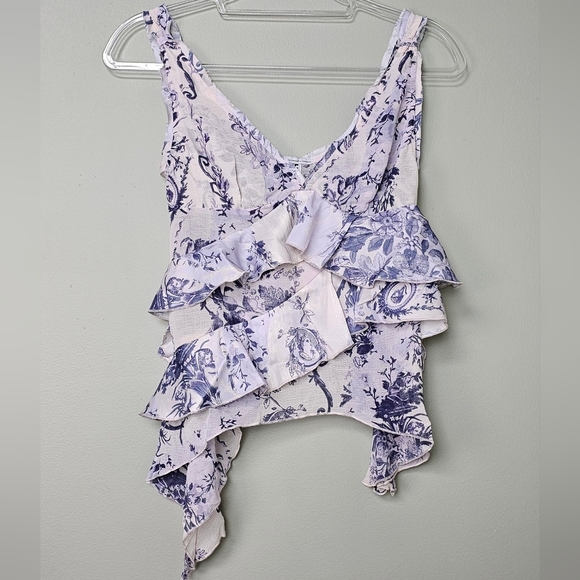 Ecote Debbie Asymmetrical Tiered Ruffle Tunic Tank Top, Blue Floral Motif, XS - Picture 6 of 9